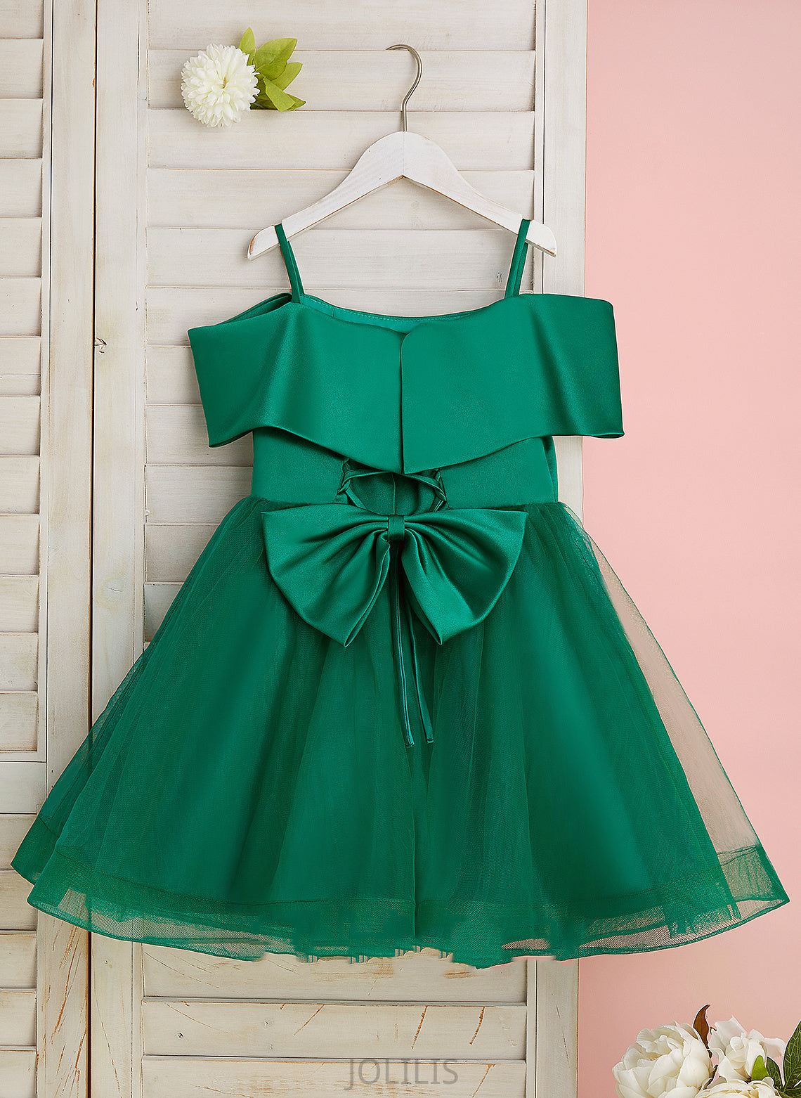 Flower A-Line With - Satin/Tulle Flower Girl Dresses Girl Giuliana Sleeveless Bow(s) Dress Knee-length Off-the-Shoulder