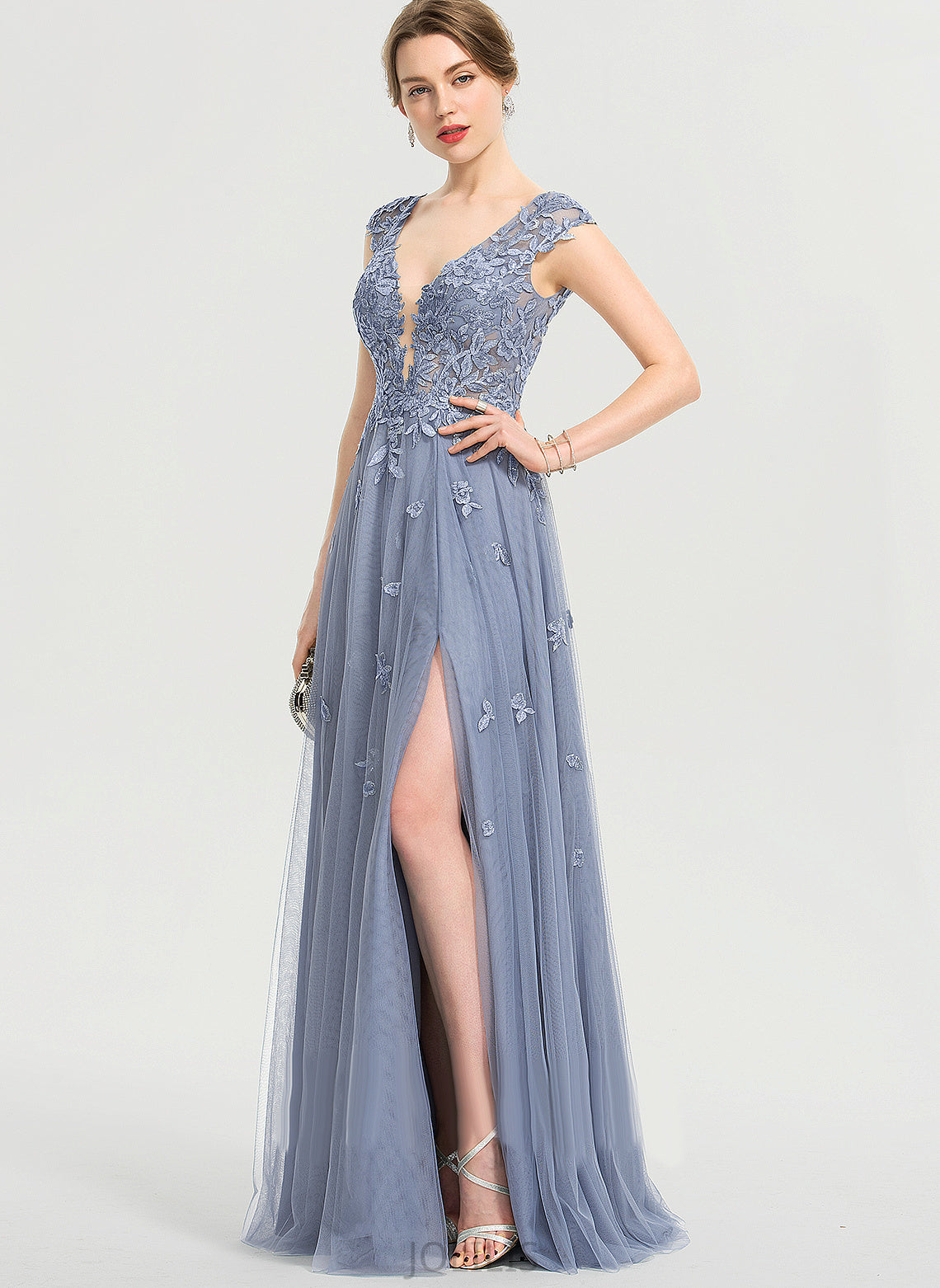 Sequins Prom Dresses V-neck A-Line Floor-Length With Lace Tulle Allie