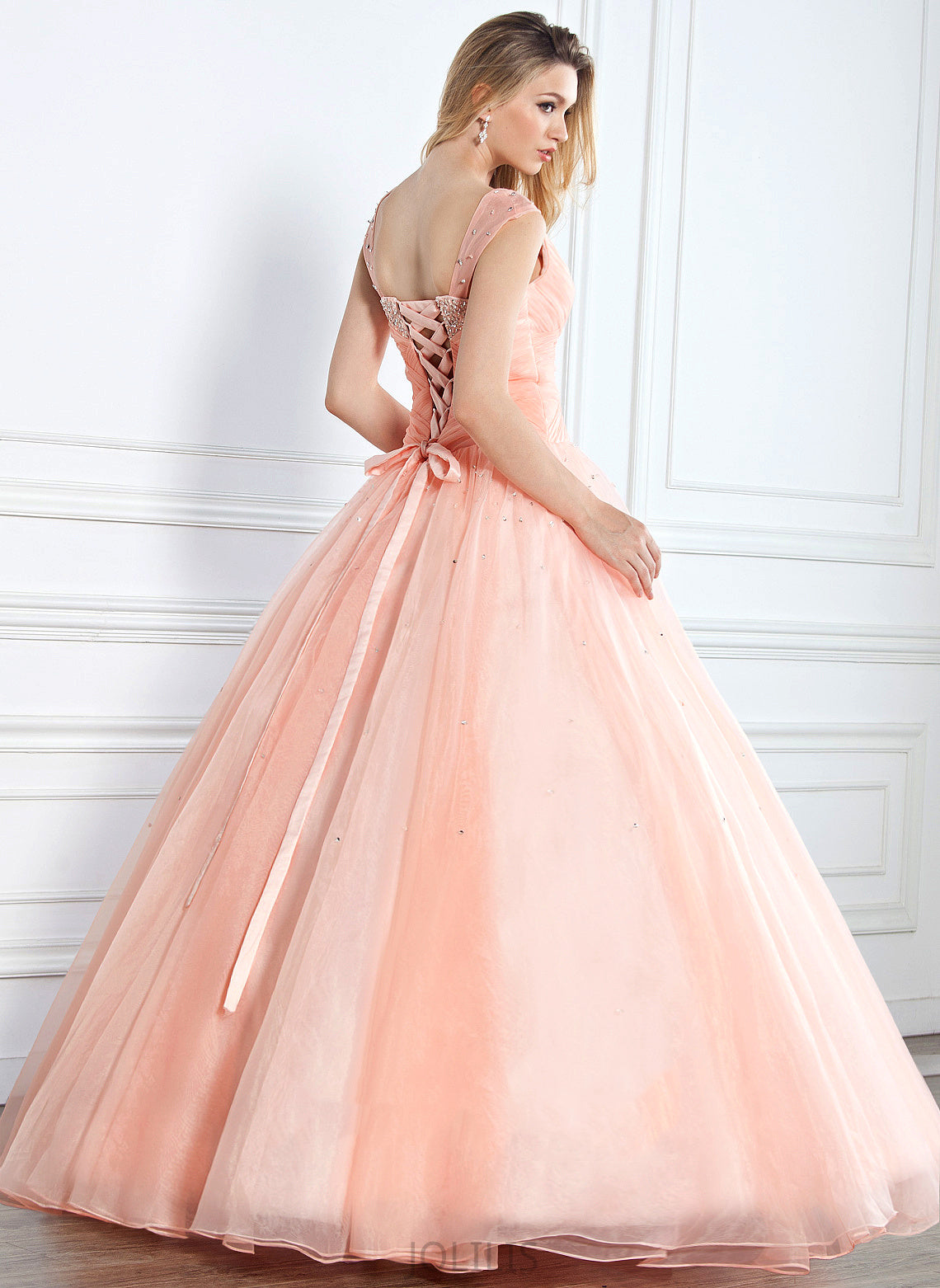 V-neck Sequins With Ball-Gown/Princess Prom Dresses Lizeth Satin Beading Floor-Length Organza Ruffle