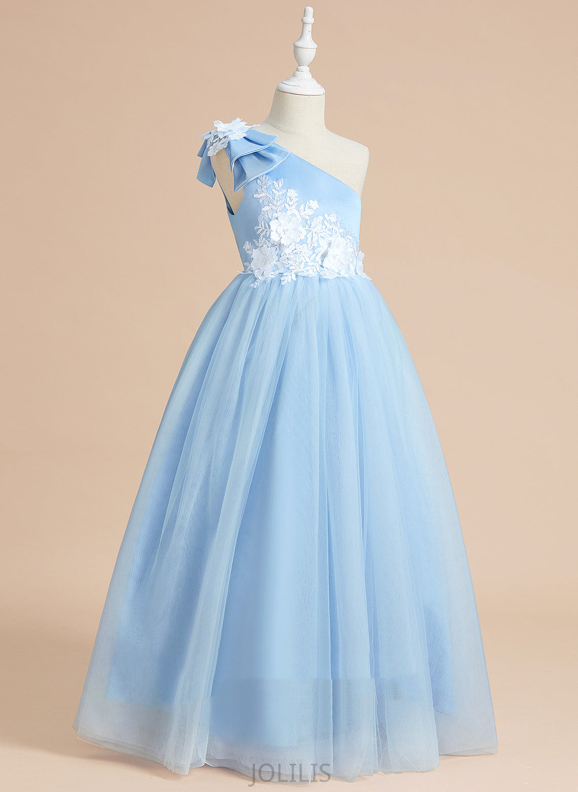 Lace/Bow(s) With One-Shoulder Kenzie Floor-length Ball-Gown/Princess Dress Flower Girl Dresses - Sleeveless Satin/Tulle Flower Girl