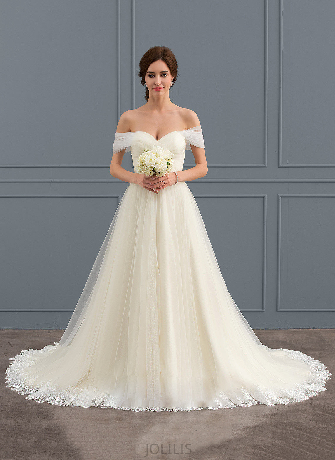 Dress Lace Siena Wedding Ruffle Train Off-the-Shoulder Wedding Dresses With Tulle Ball-Gown/Princess Court