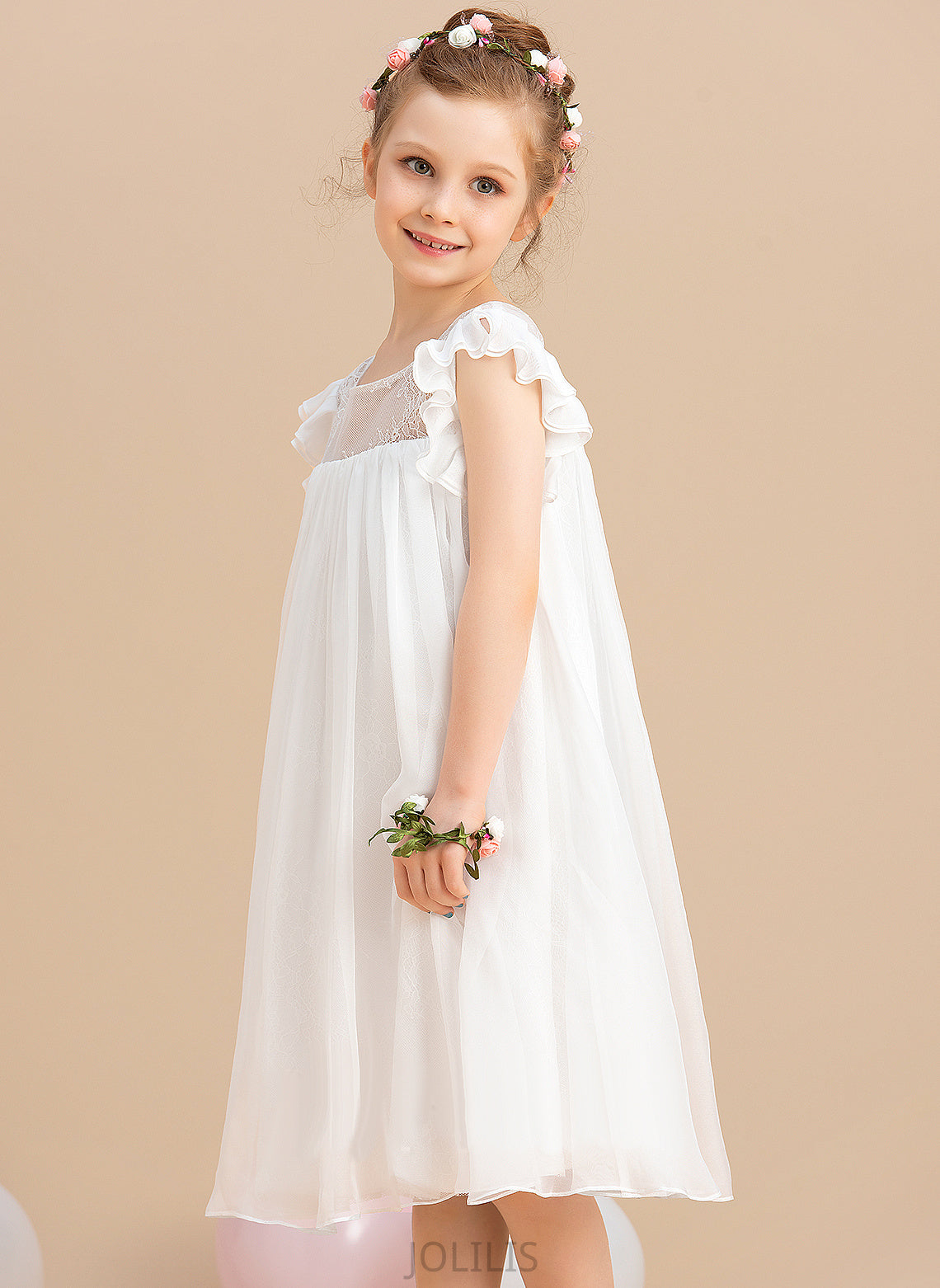 Scoop Neck Selina Short Girl - Flower With Dress Flower Girl Dresses Chiffon Lace Knee-length A-Line Sleeves