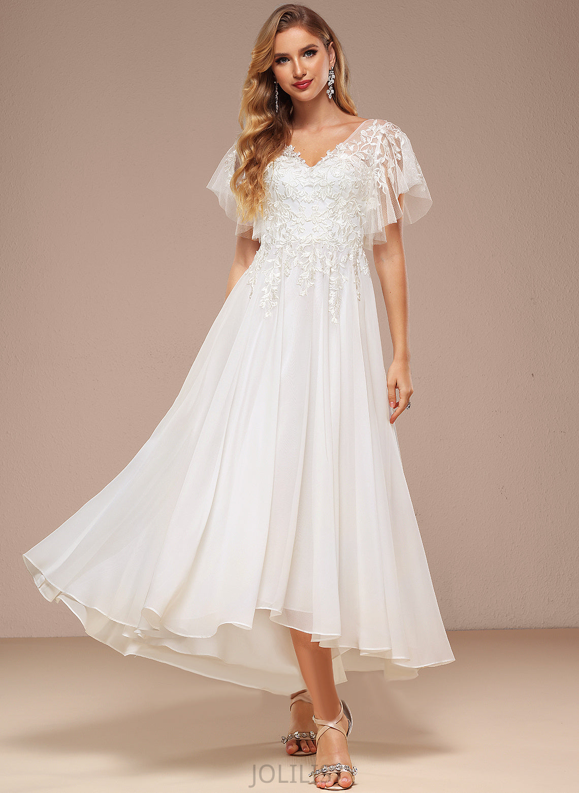 Lace With Tulle Wedding Dresses A-Line Dulce Dress Wedding Asymmetrical Ruffle V-neck