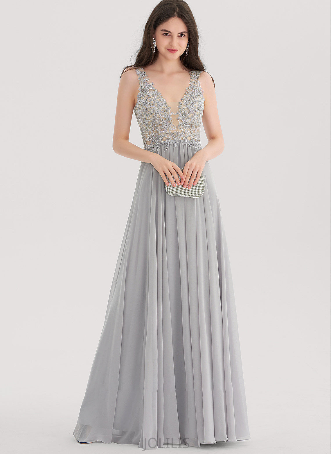 A-Line Floor-Length Beading Prom Dresses Karly Sequins Chiffon With V-neck