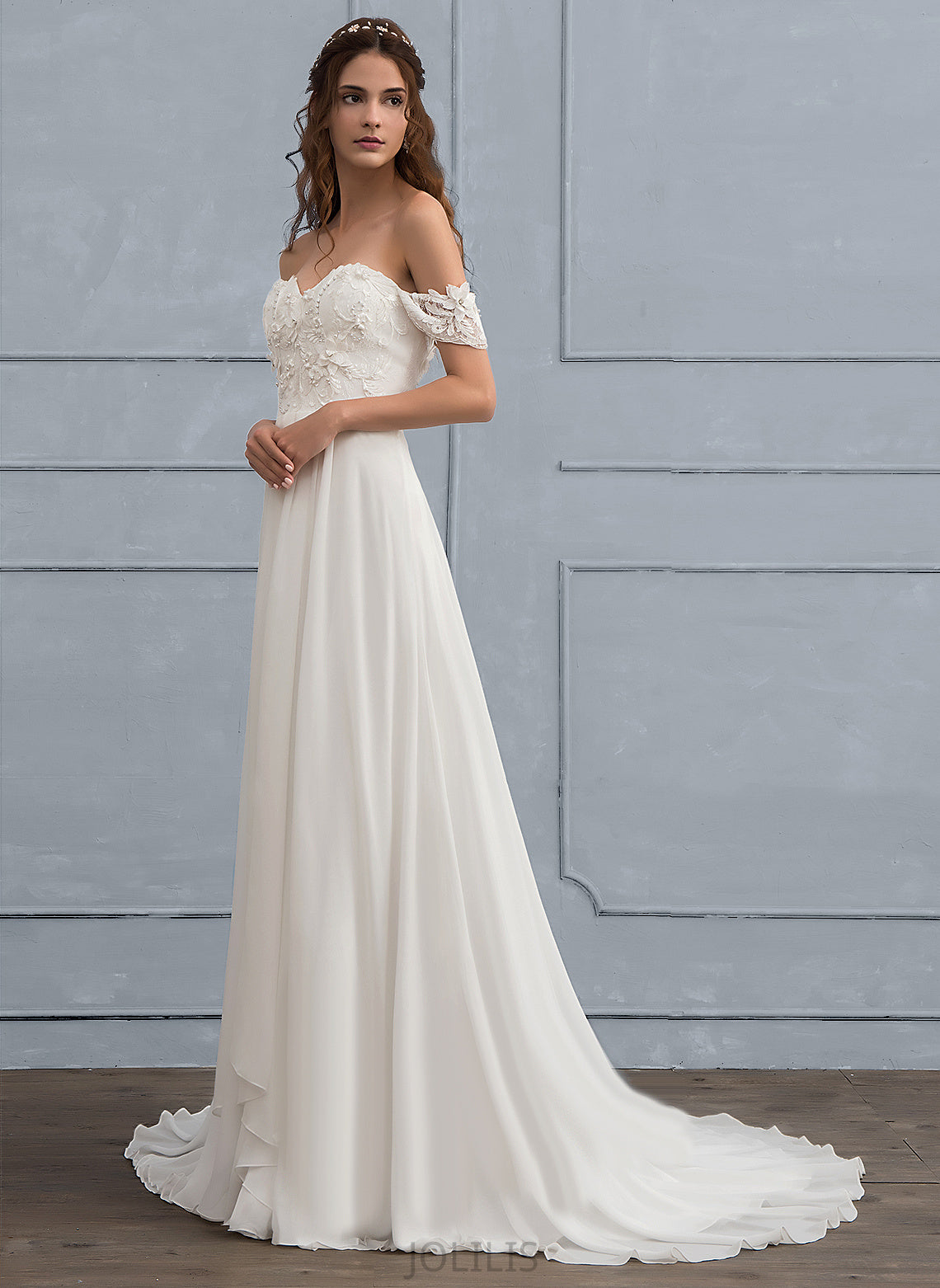 Wedding Dresses Dress Train Flower(s) Wedding Nyla Off-the-Shoulder Sweep Beading With Chiffon Lace A-Line