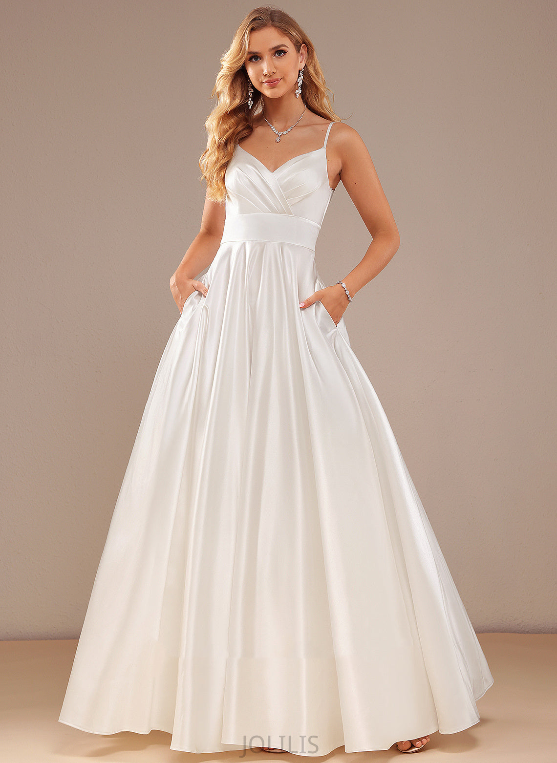 Satin Dress Pockets Wedding Michaelia Ball-Gown/Princess Floor-Length Wedding Dresses With V-neck