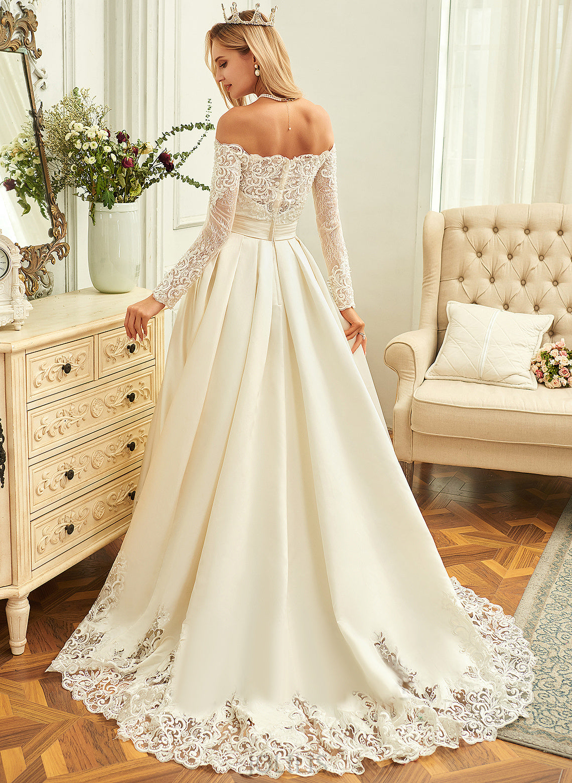 Ball-Gown/Princess Dress Off-the-Shoulder Train Sweep Juliette Lace Sequins Wedding Dresses Satin With Beading Wedding