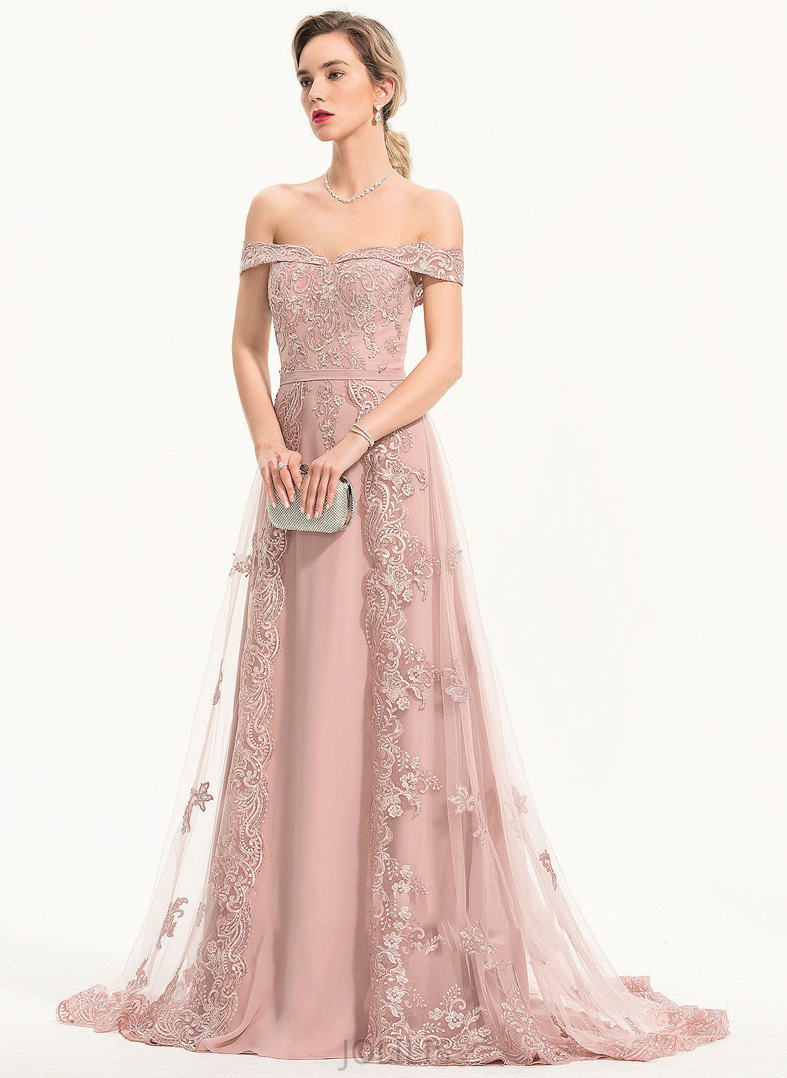 A-Line Off-the-Shoulder Briana With Sequins Train Tulle Chiffon Sweep Prom Dresses