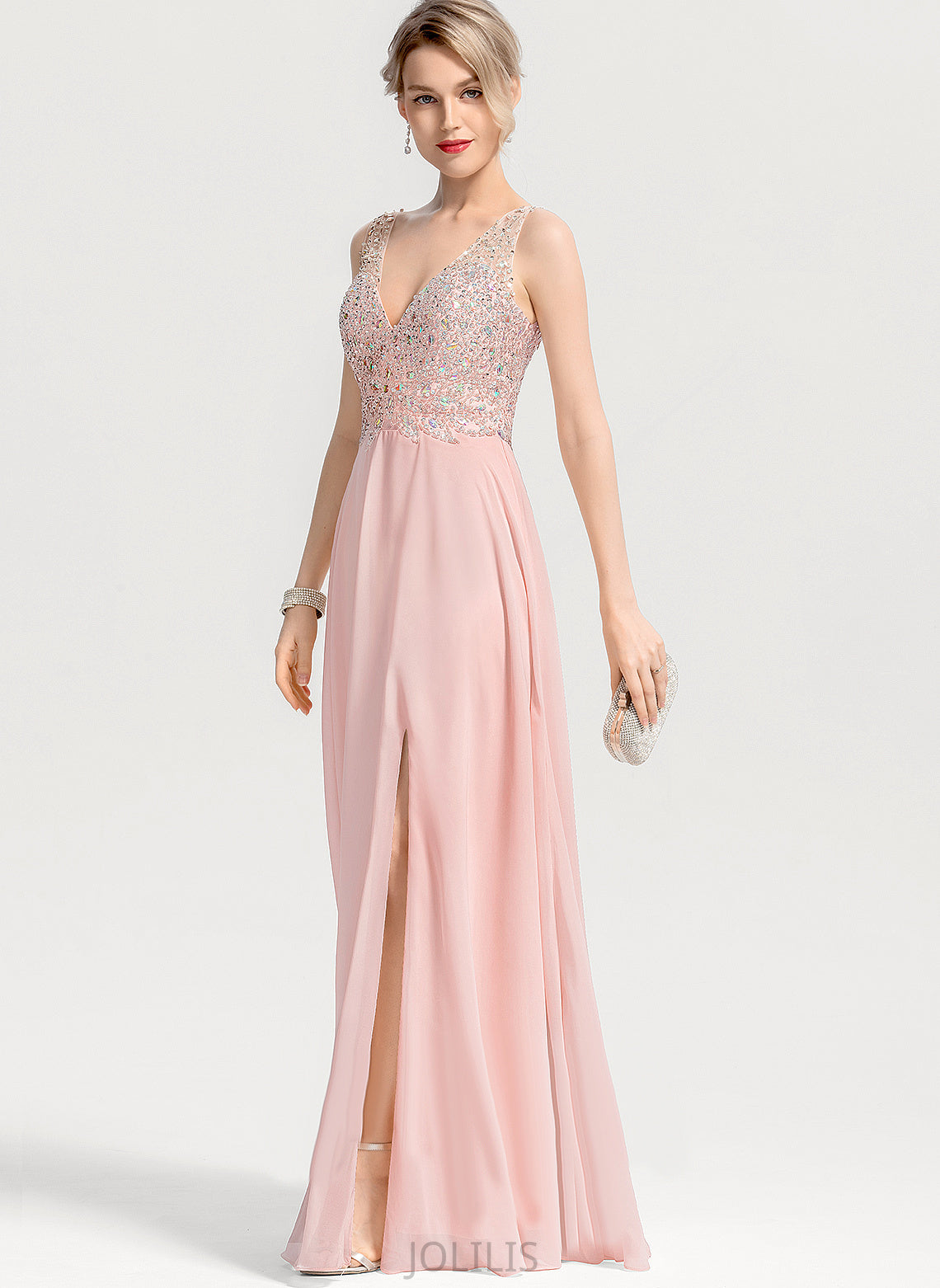 With A-Line Sequins Floor-Length Chiffon Jazlene Beading Prom Dresses V-neck