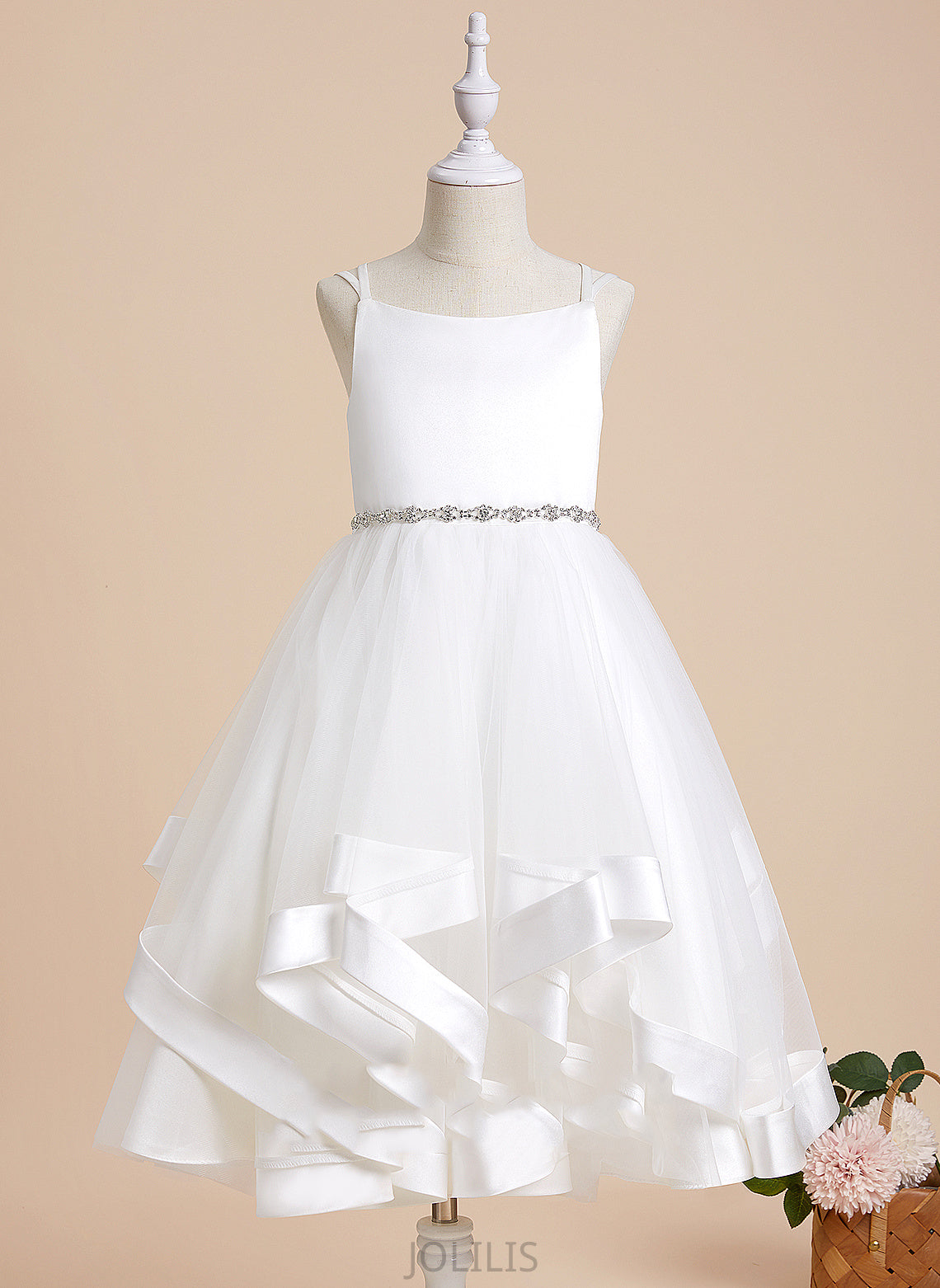 Straps A-Line Girl - Satin/Tulle Beading Flower Dress Tea-length Sleeveless Flower Girl Dresses Emery With