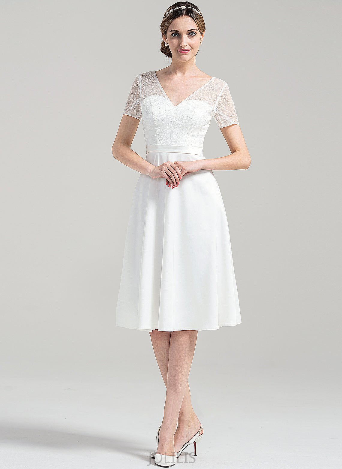 V-neck Wedding Ximena Dress Knee-Length Wedding Dresses Satin A-Line