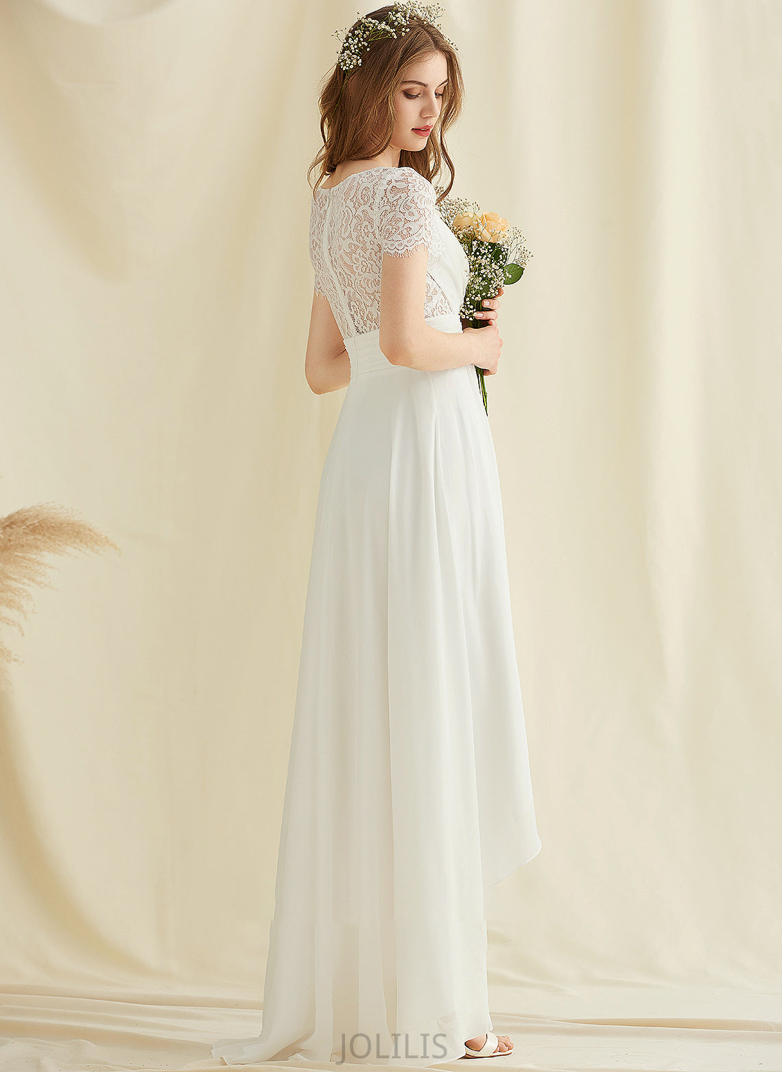 Jadyn Chiffon Asymmetrical Lace Wedding Dresses A-Line V-neck Wedding Dress