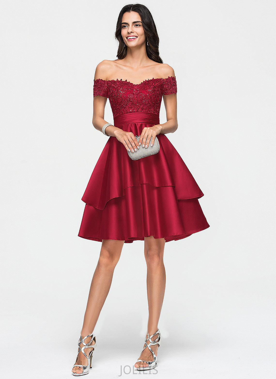 Off-the-Shoulder Abbigail Knee-Length Lace Dress Satin A-Line Homecoming Dresses With Sequins Homecoming