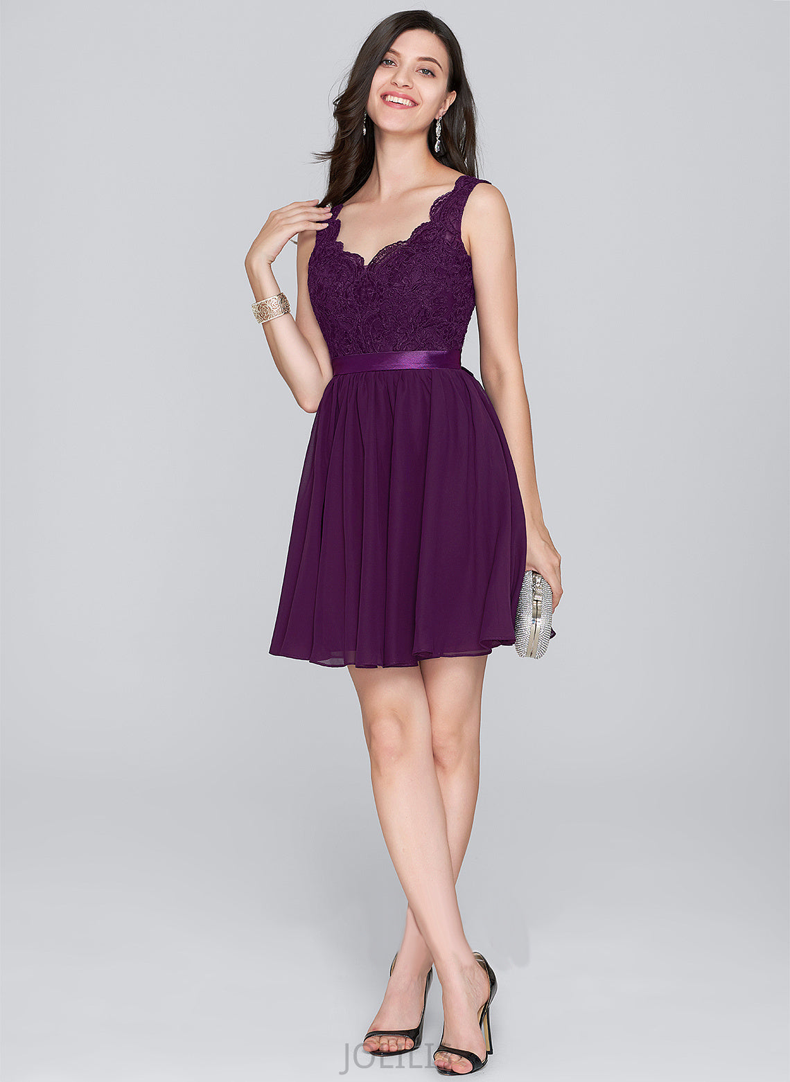 Bow(s) Homecoming Dresses Chiffon A-Line Homecoming V-neck With Short/Mini Maisie Dress Lace