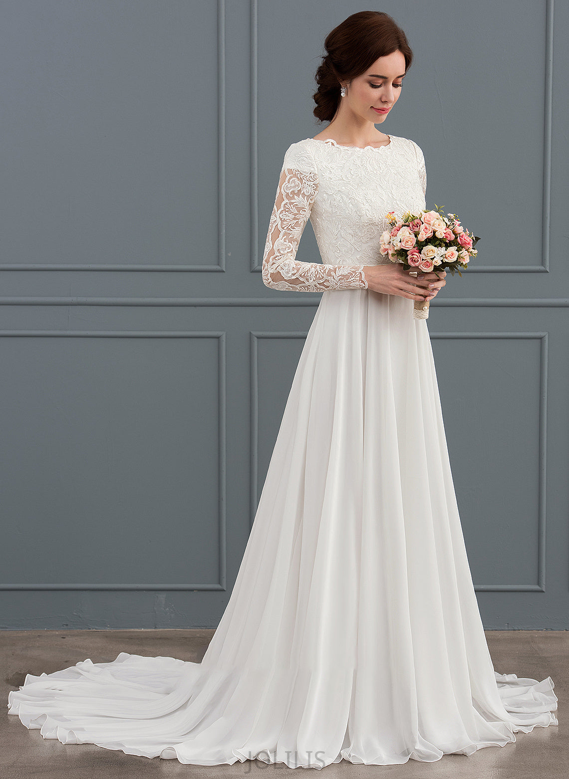 Kamari With Neck Beading Court Scoop Wedding Dresses Train Wedding Chiffon A-Line Dress