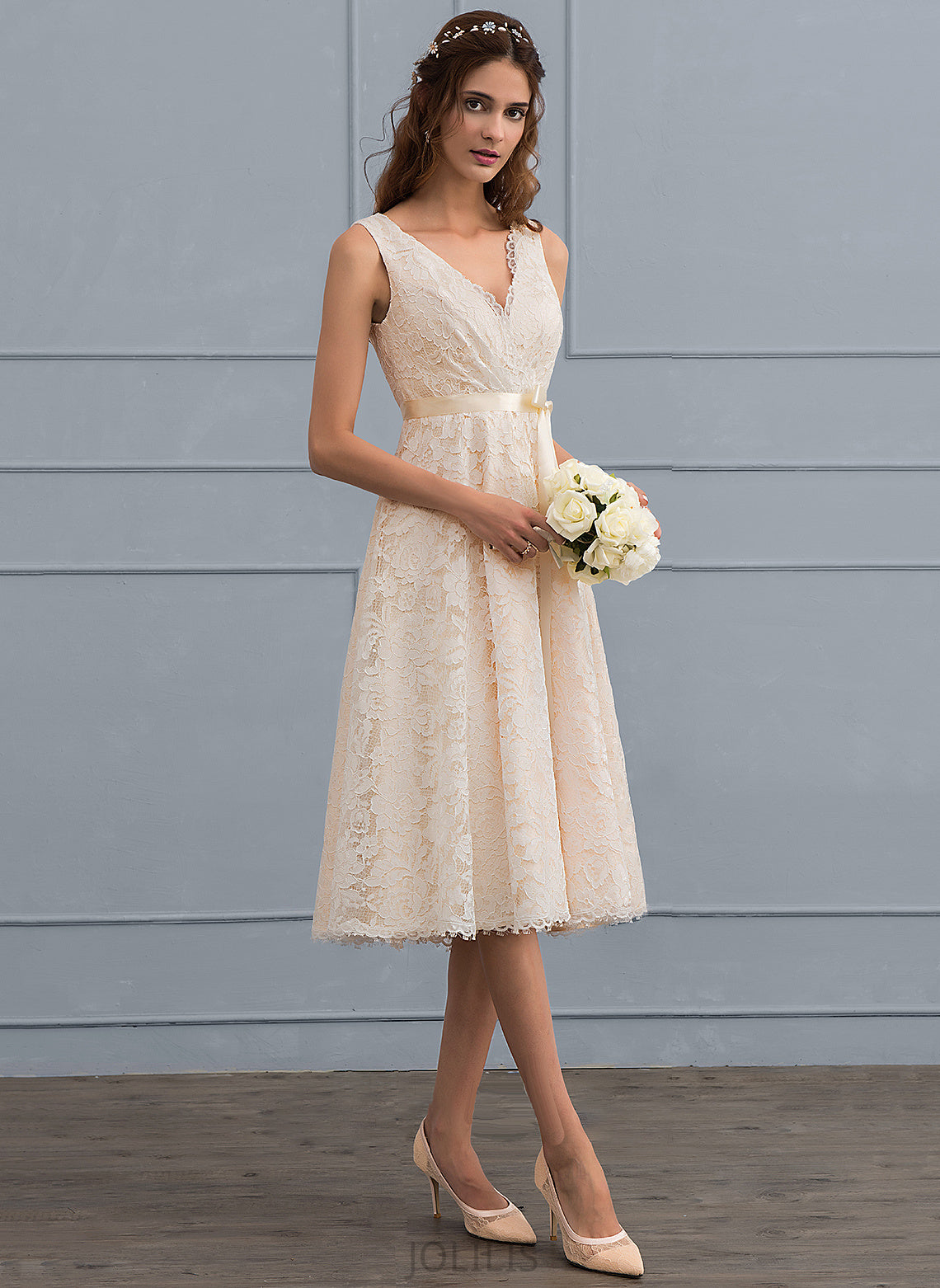 Wedding Knee-Length Leilani Dress Bow(s) With Lace Wedding Dresses A-Line V-neck