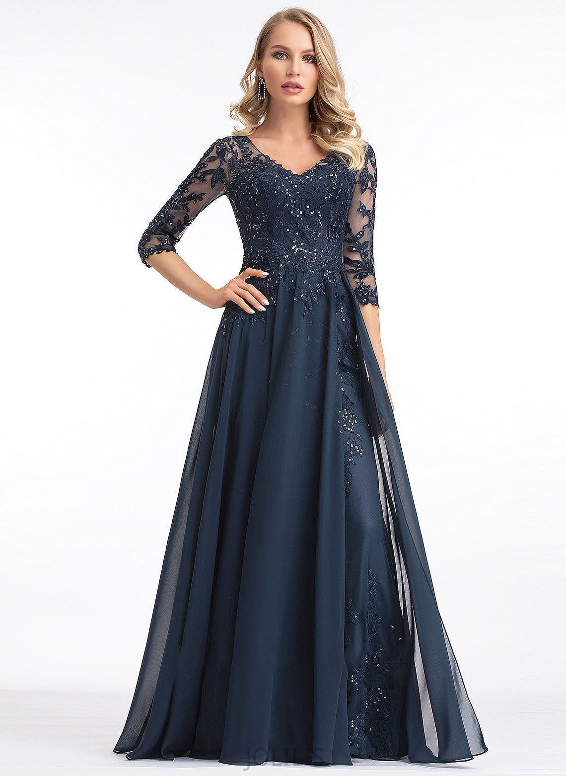 Isabela V-neck Sequins Floor-Length A-Line Prom Dresses With Chiffon