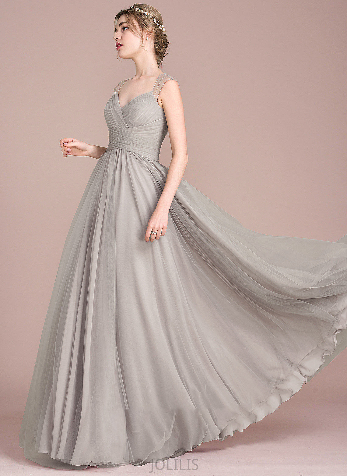 Beading Ruffle V-neck Floor-Length Tulle With Ball-Gown/Princess Prom Dresses Paula