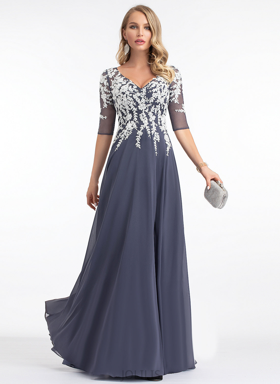 Lace V-neck Chiffon A-Line Daisy Prom Dresses Floor-Length