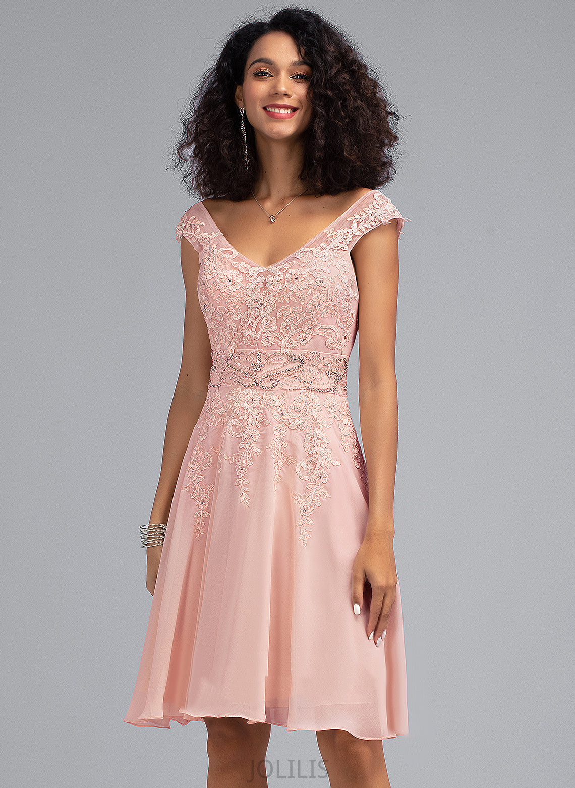 Homecoming Dresses Chiffon Lace V-neck Knee-Length Dress Homecoming With Novia A-Line Beading