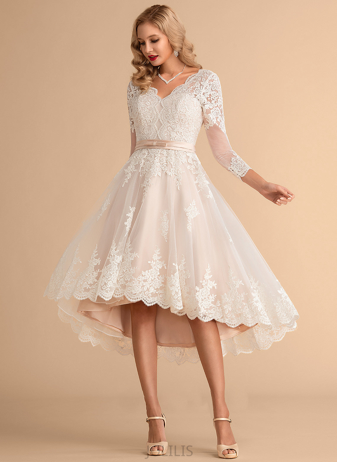 A-Line Carina Wedding Dresses Satin Lace Wedding V-neck Dress Asymmetrical Tulle