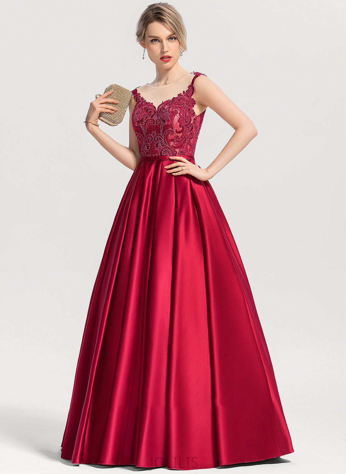 Sequins Ball-Gown/Princess Layla Neck Scoop Satin Prom Dresses With Floor-Length