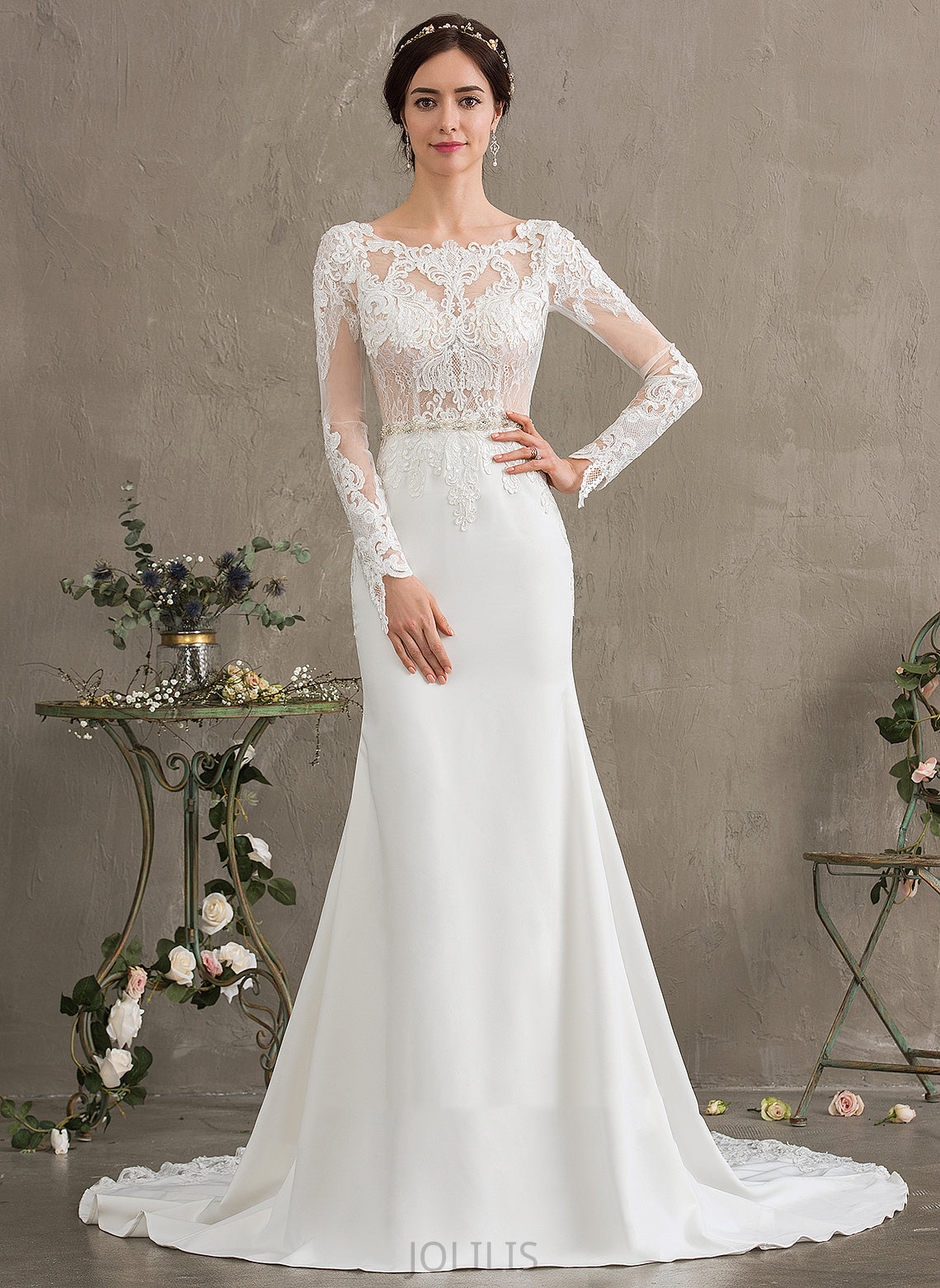 Sequins Wedding Dresses With Lace Wedding Dress Stretch Sophie Neck Scoop Crepe Train Beading Trumpet/Mermaid Chapel