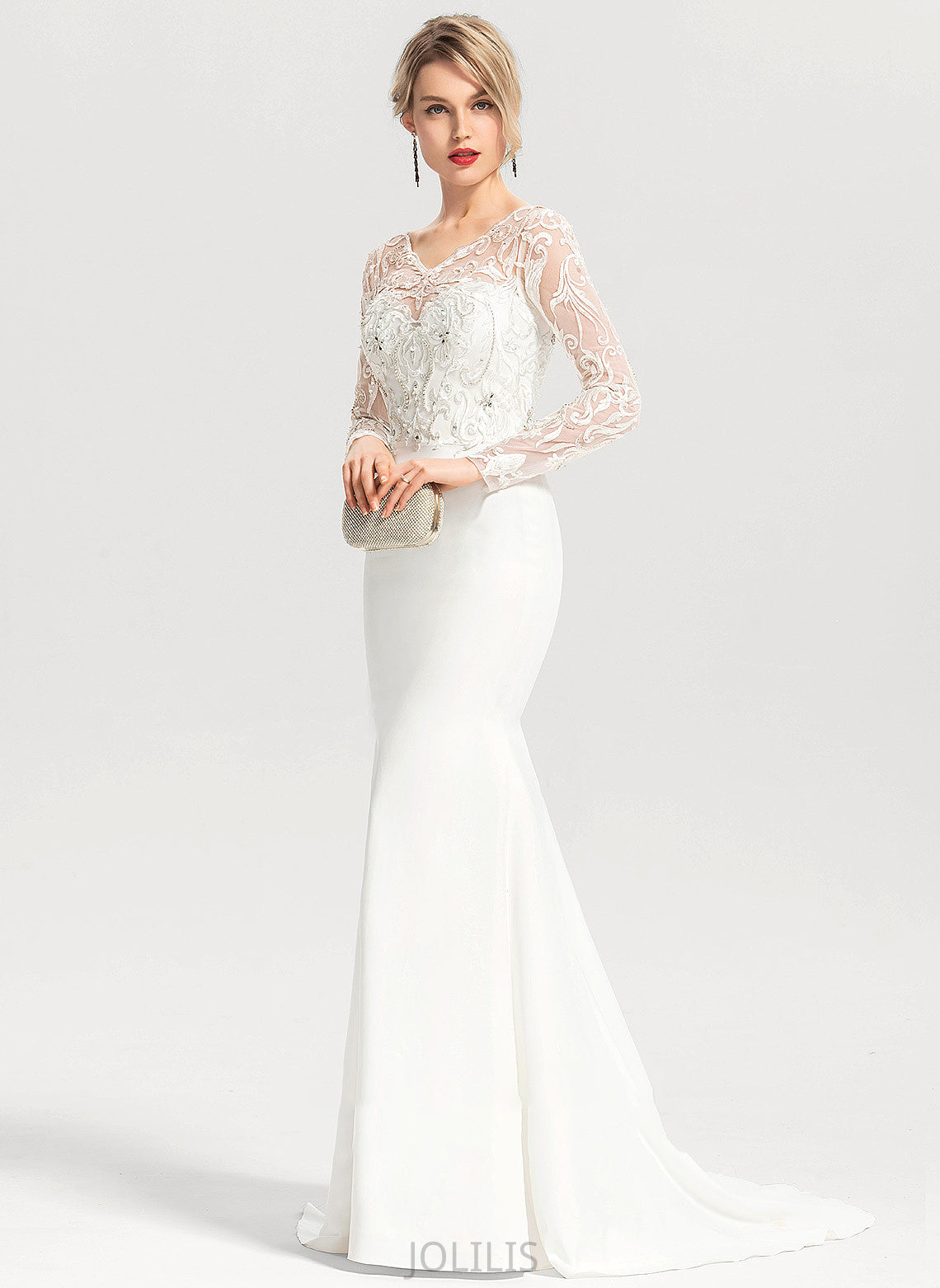 Beading With Dress Sweep Wedding V-neck Wedding Dresses Trumpet/Mermaid Sequins Stretch Train Daniella Crepe