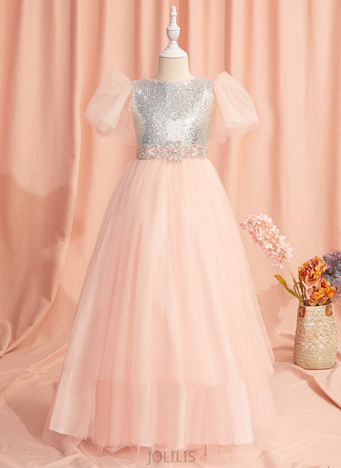 Judy Flower Scoop Flower Girl Dresses With Dress Girl Short Neck Floor-length Beading/Sequins/Bow(s) - Tulle/Sequined Ball-Gown/Princess Sleeves