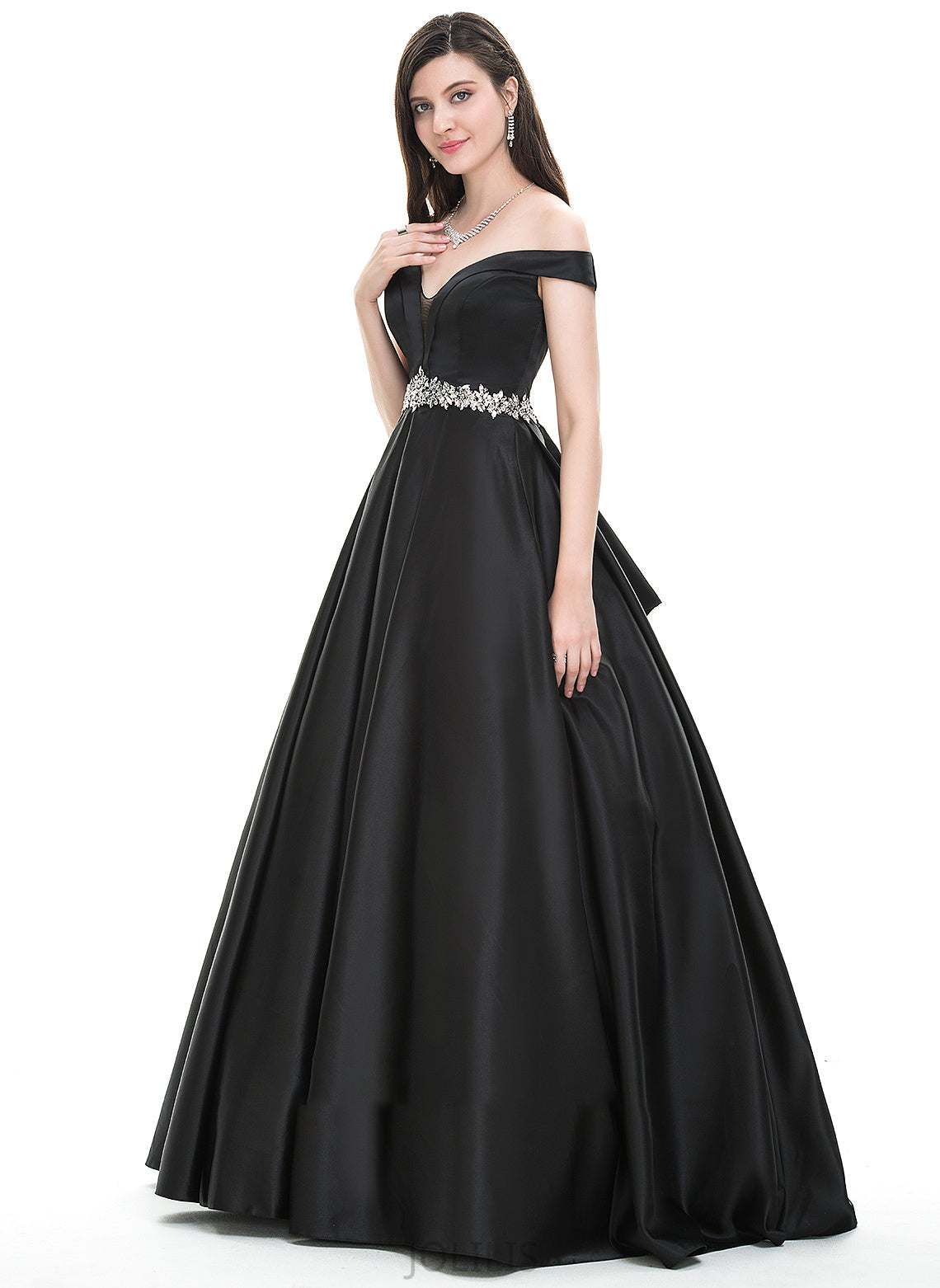 Satin Floor-Length Angie Ball-Gown/Princess With Prom Dresses Off-the-Shoulder Beading