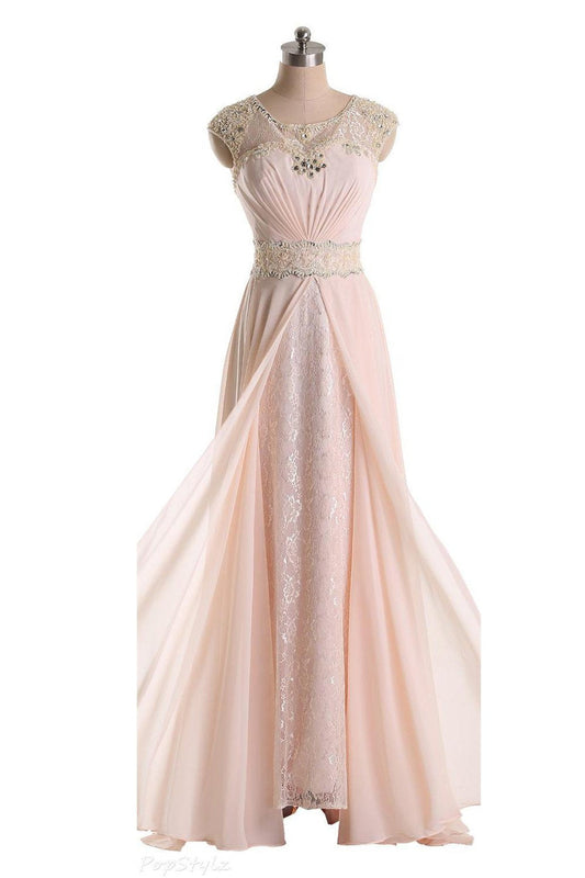 Pink Cap Sleeves Lace Long Beaded Chiffon Prom Dresses