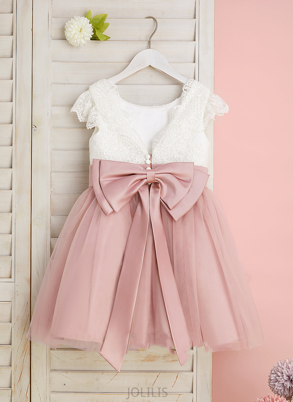 Lace/Bow(s) Scoop With Flower Brynn Neck Short Flower Girl Dresses A-Line Dress - Sleeves Tulle Knee-length Girl