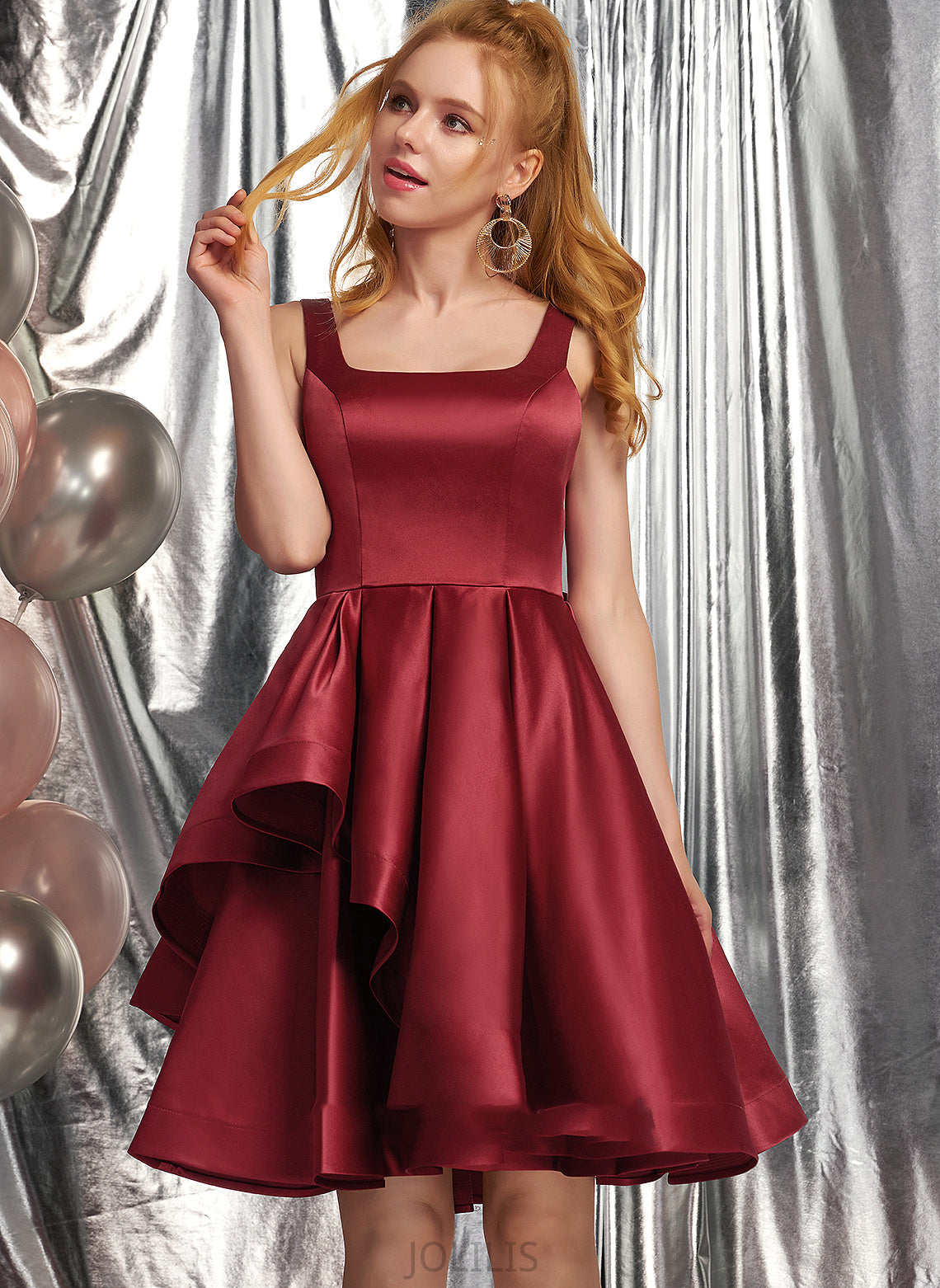 Dress Homecoming Dresses A-Line Satin Bow(s) Ruffles Neckline Square Cascading Knee-Length Homecoming With Anastasia