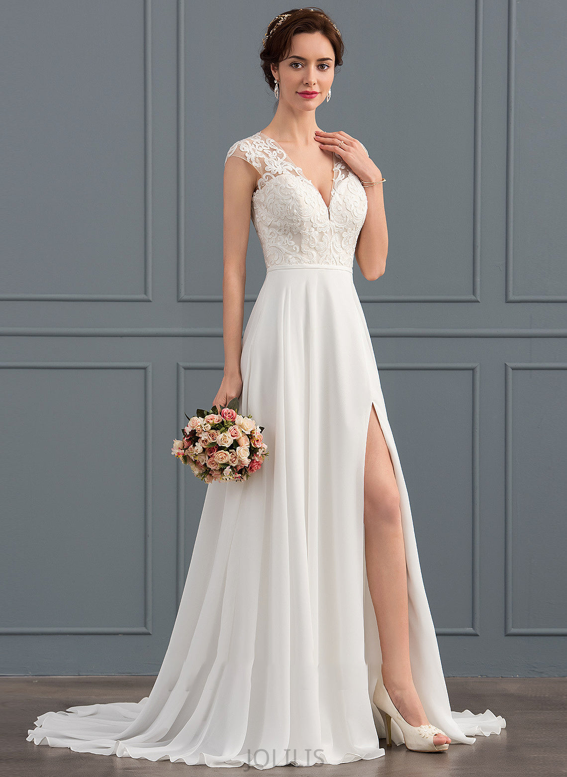 Dress V-neck Wedding Dresses A-Line Sweep Wedding Split Front Train With Delaney Chiffon