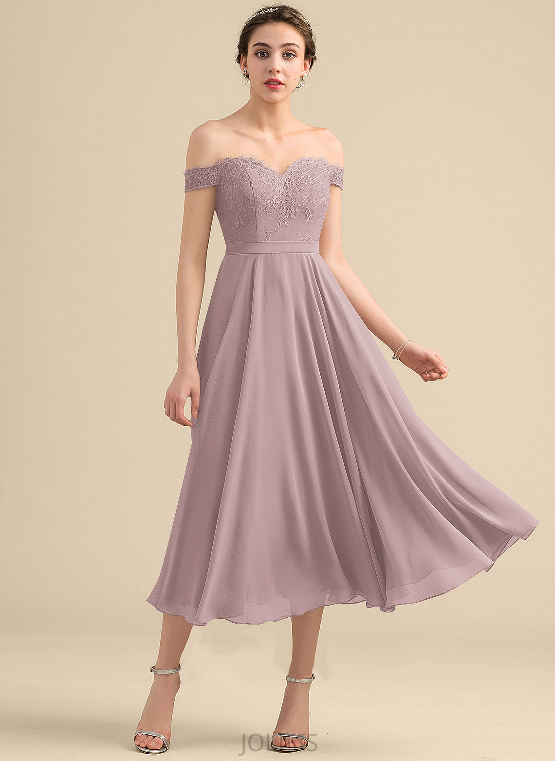 With A-Line Dress Beading Lace Homecoming Dresses Homecoming Off-the-Shoulder Tea-Length Lily Chiffon