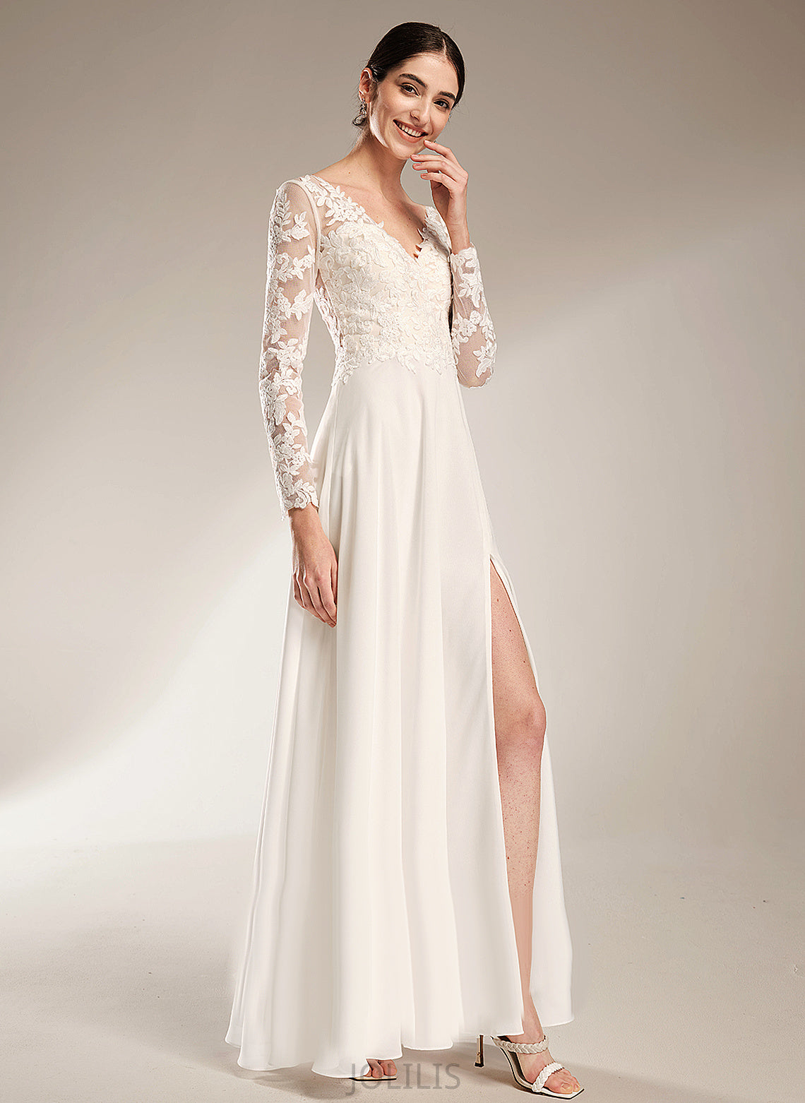 Wedding Dresses Split A-Line Lace V-neck Front Wedding Addyson With Floor-Length Chiffon Dress