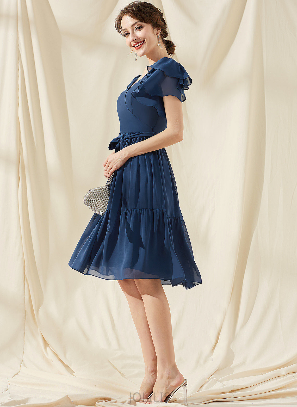 Homecoming Dresses Lilith With Homecoming V-neck Cascading A-Line Bow(s) Dress Chiffon Ruffles Knee-Length