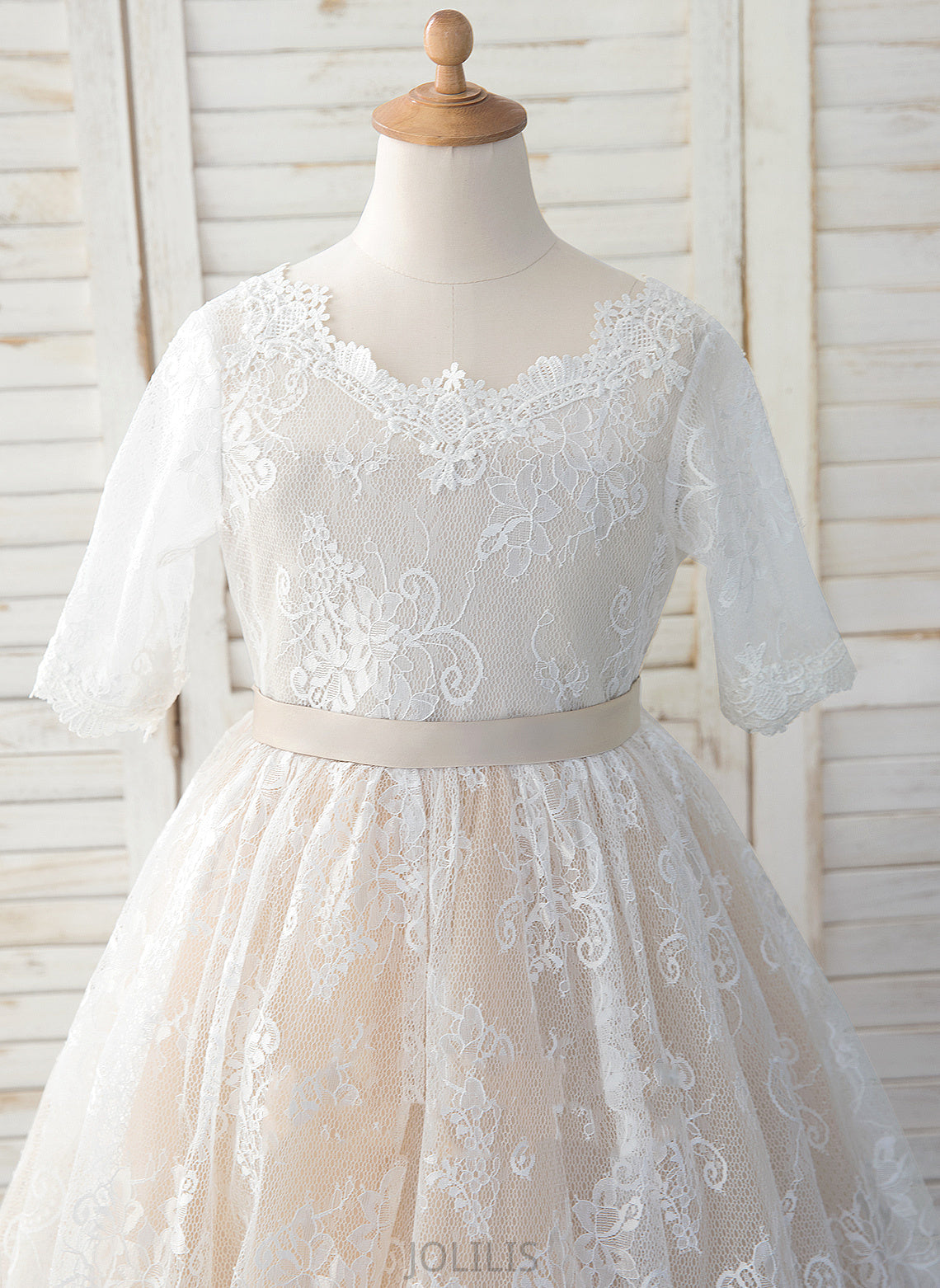 Bow(s) With Flower Girl Dresses Amya Scoop - Girl Dress Neck Tea-length 3/4 Sleeves Flower Tulle/Lace A-Line