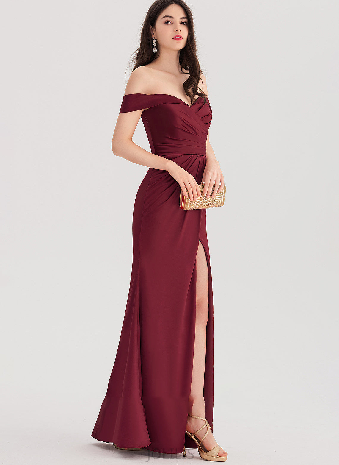 Split Floor-Length Alison Off-the-Shoulder Ruffle Front With Satin Sheath/Column Prom Dresses