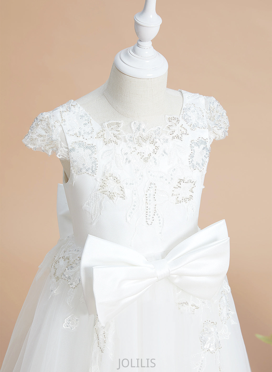 Scoop Flower Girl Dresses Sequins/Bow(s) Tulle/Lace Dress Hayden - With Neck Short Flower Sleeves A-Line Girl Tea-length