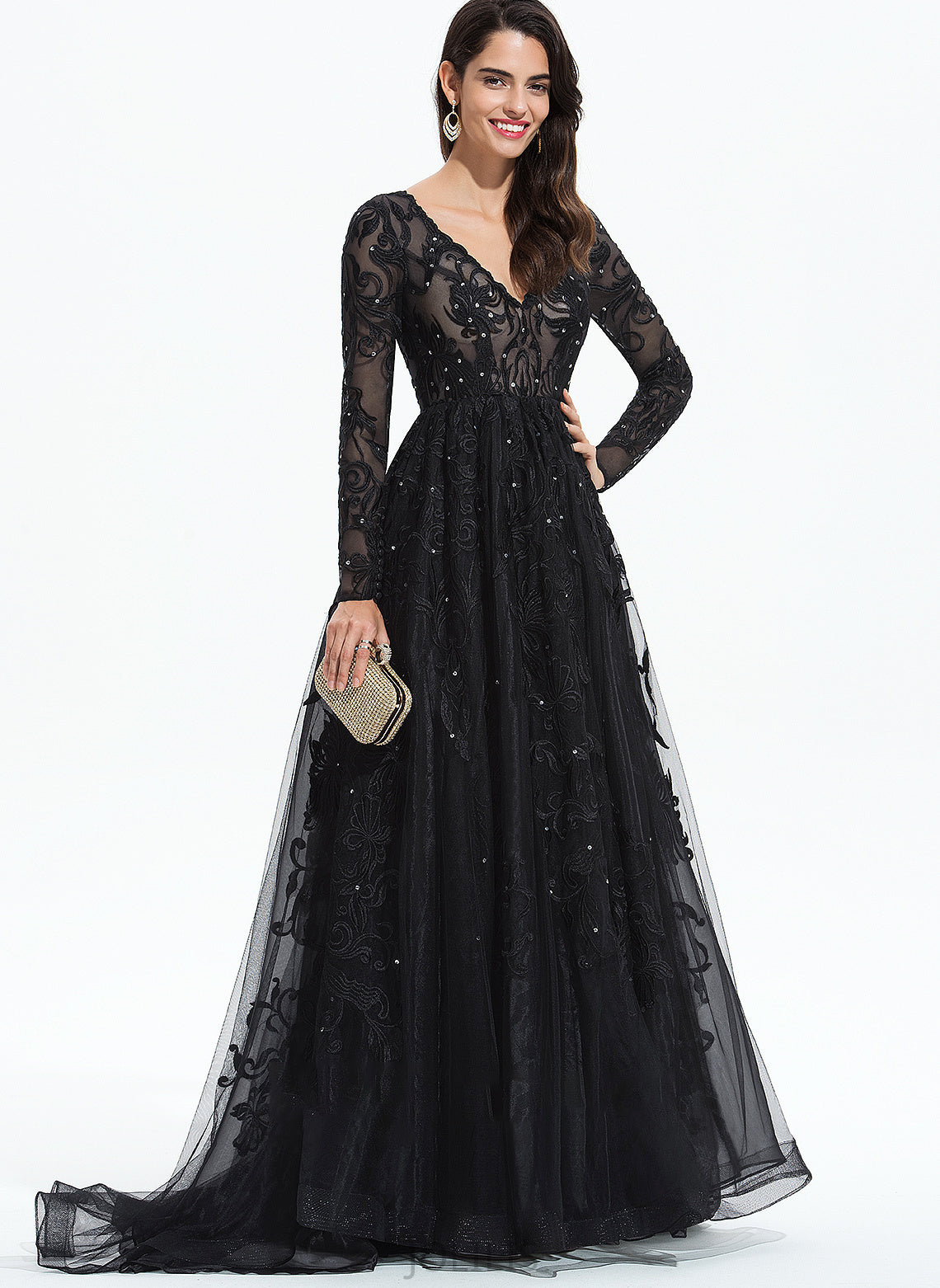 Hadley V-neck Ball-Gown/Princess Sweep Sequins With Train Prom Dresses Tulle Lace