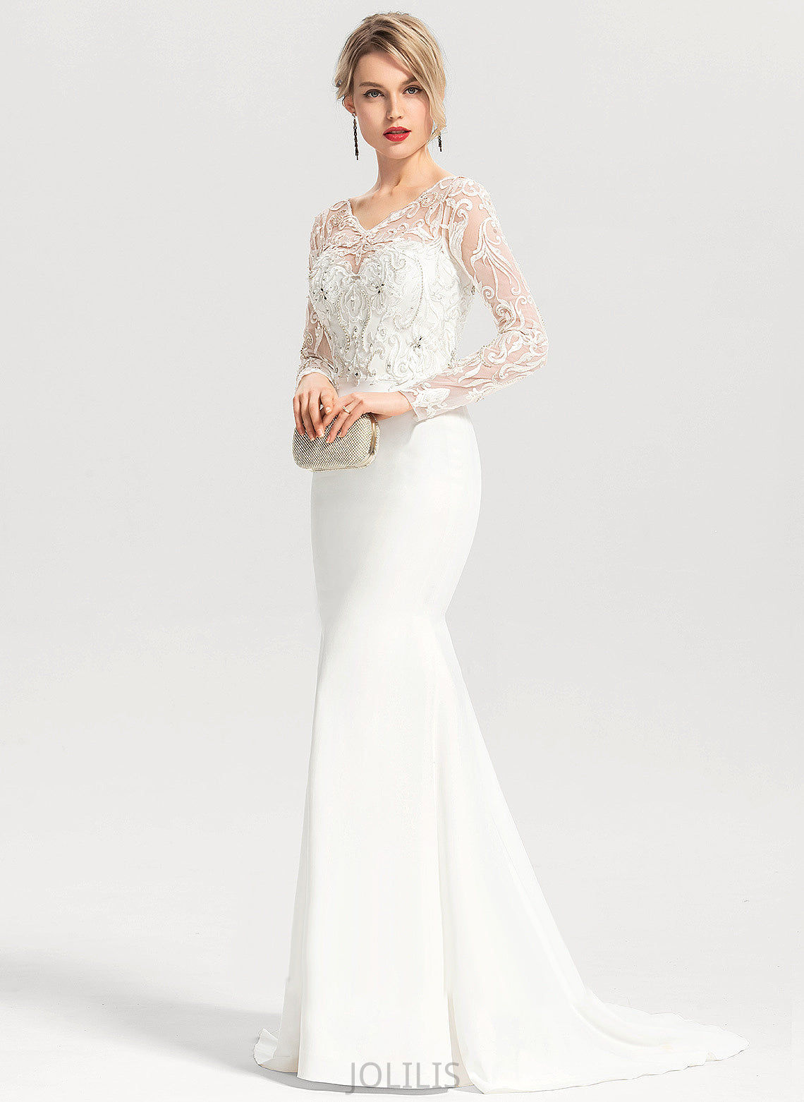 Trumpet/Mermaid Sweep V-neck With Stretch Vivien Dress Crepe Sequins Wedding Lace Beading Wedding Dresses Train