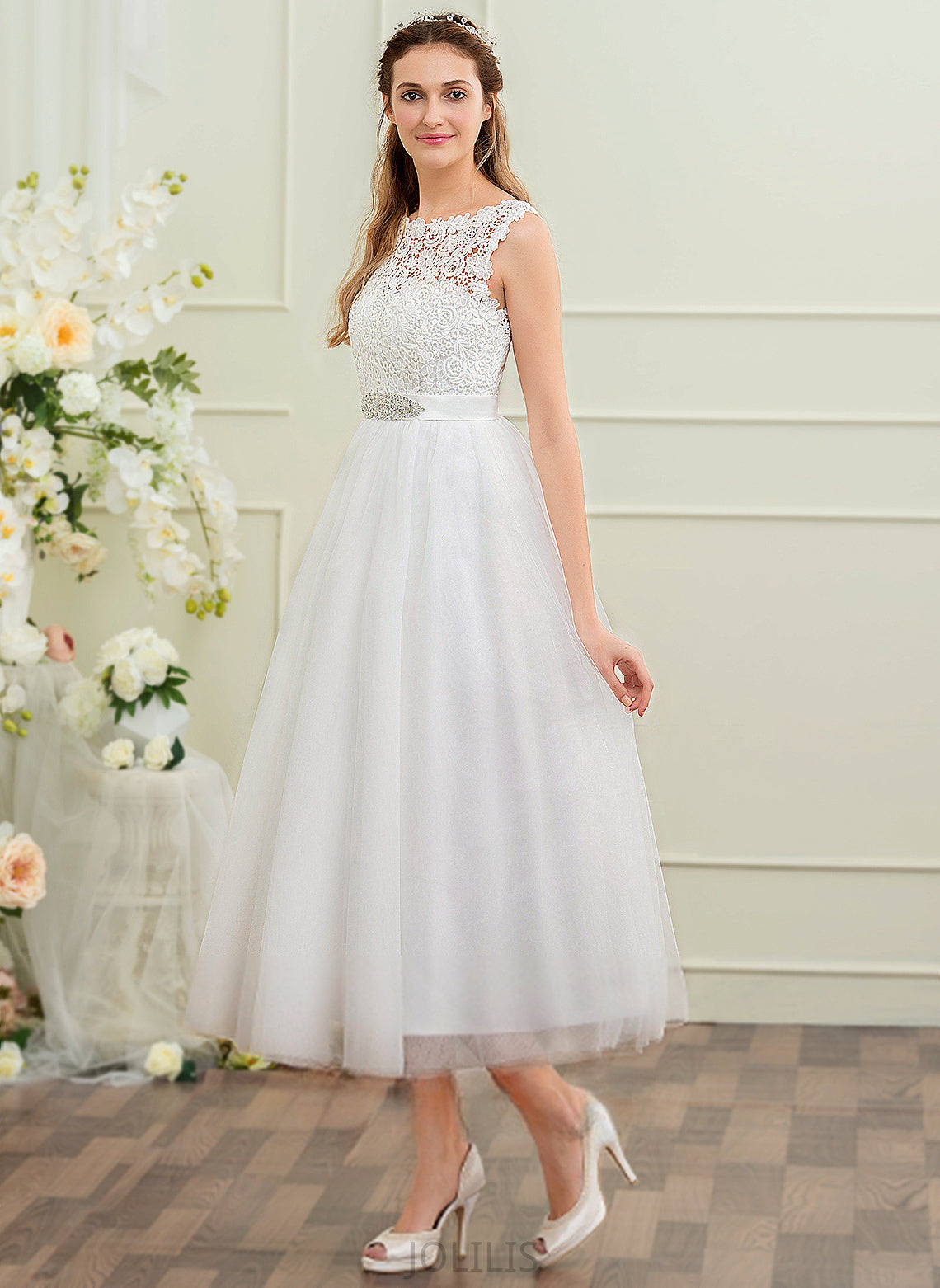 Dress Kamila Ball-Gown/Princess With Tulle Lace Tea-Length Wedding Satin Wedding Dresses Beading Sequins