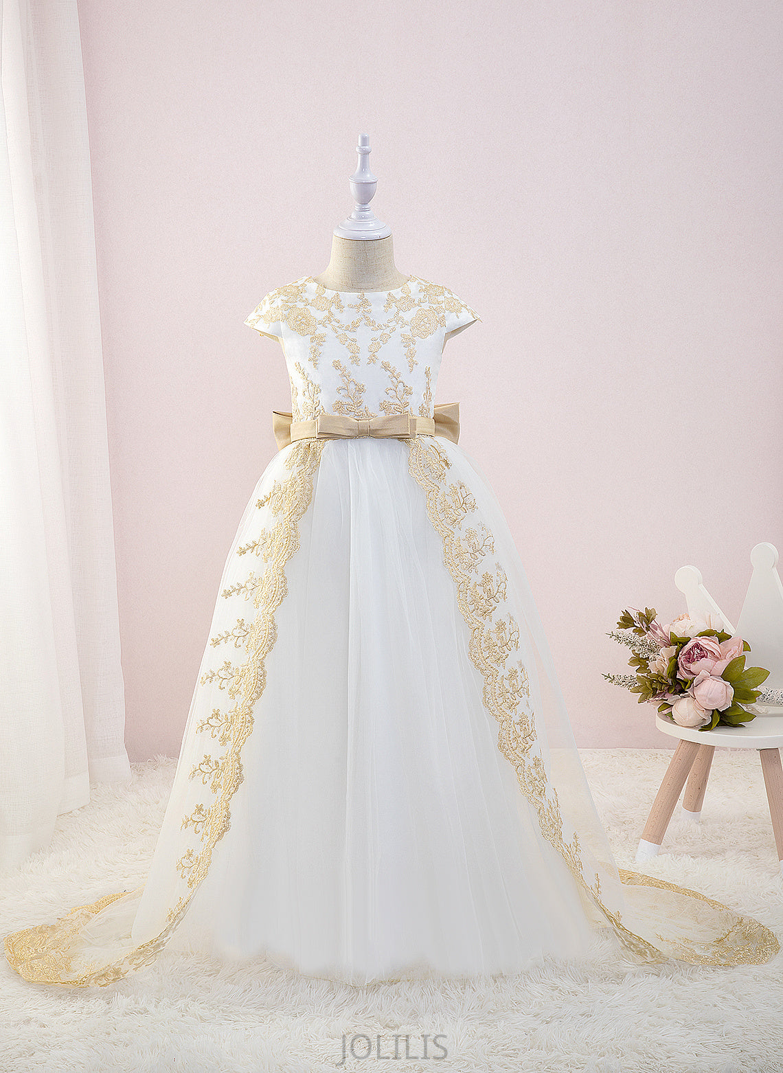 Ball-Gown/Princess Sleeves Flower Phoebe - Neck Scoop Court Bow(s) Train With Short Flower Girl Dresses Dress Girl Tulle/Lace