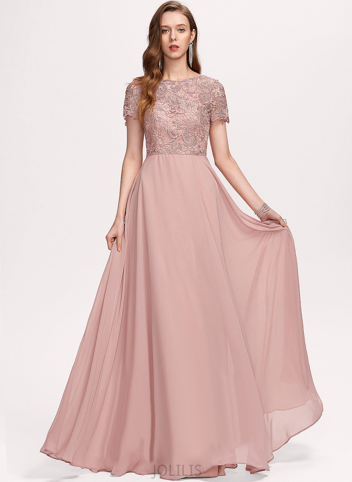 Floor-Length Scoop Lace Sequins Prom Dresses Chiffon With Johanna A-Line