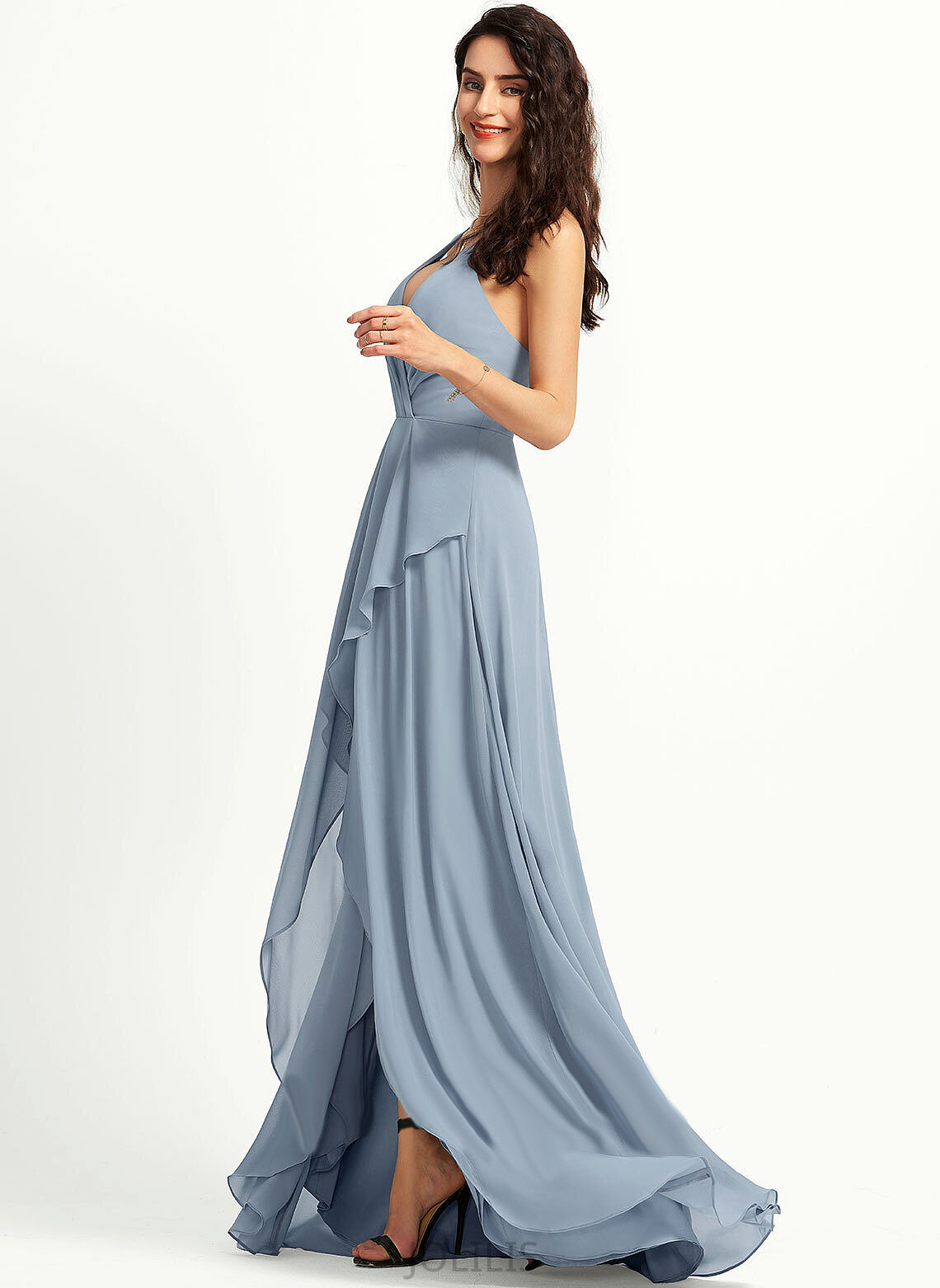 Chiffon Gabrielle Asymmetrical V-neck Prom Dresses A-Line