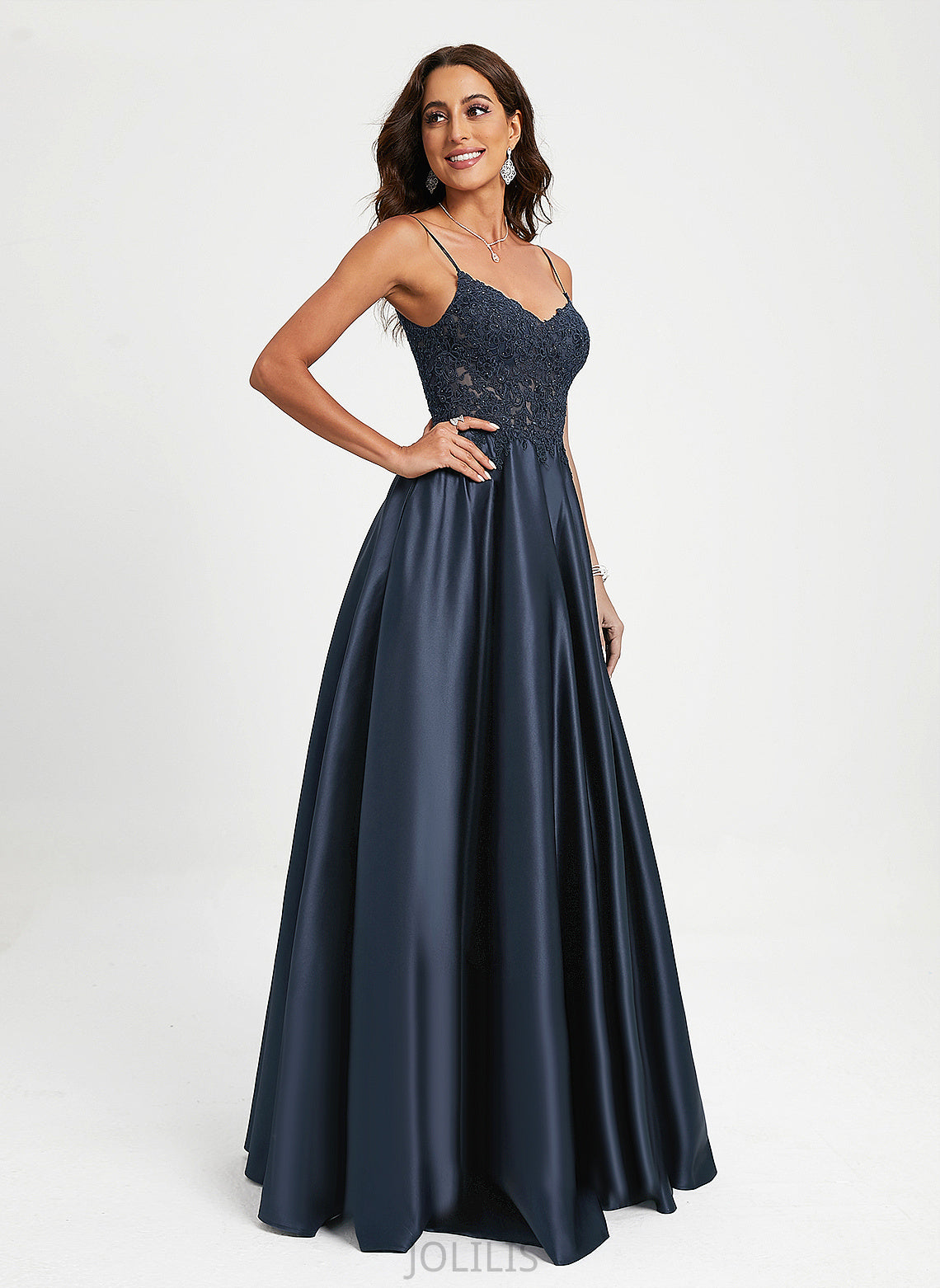 Sequins Avery Lace Floor-Length V-neck A-Line Satin With Prom Dresses