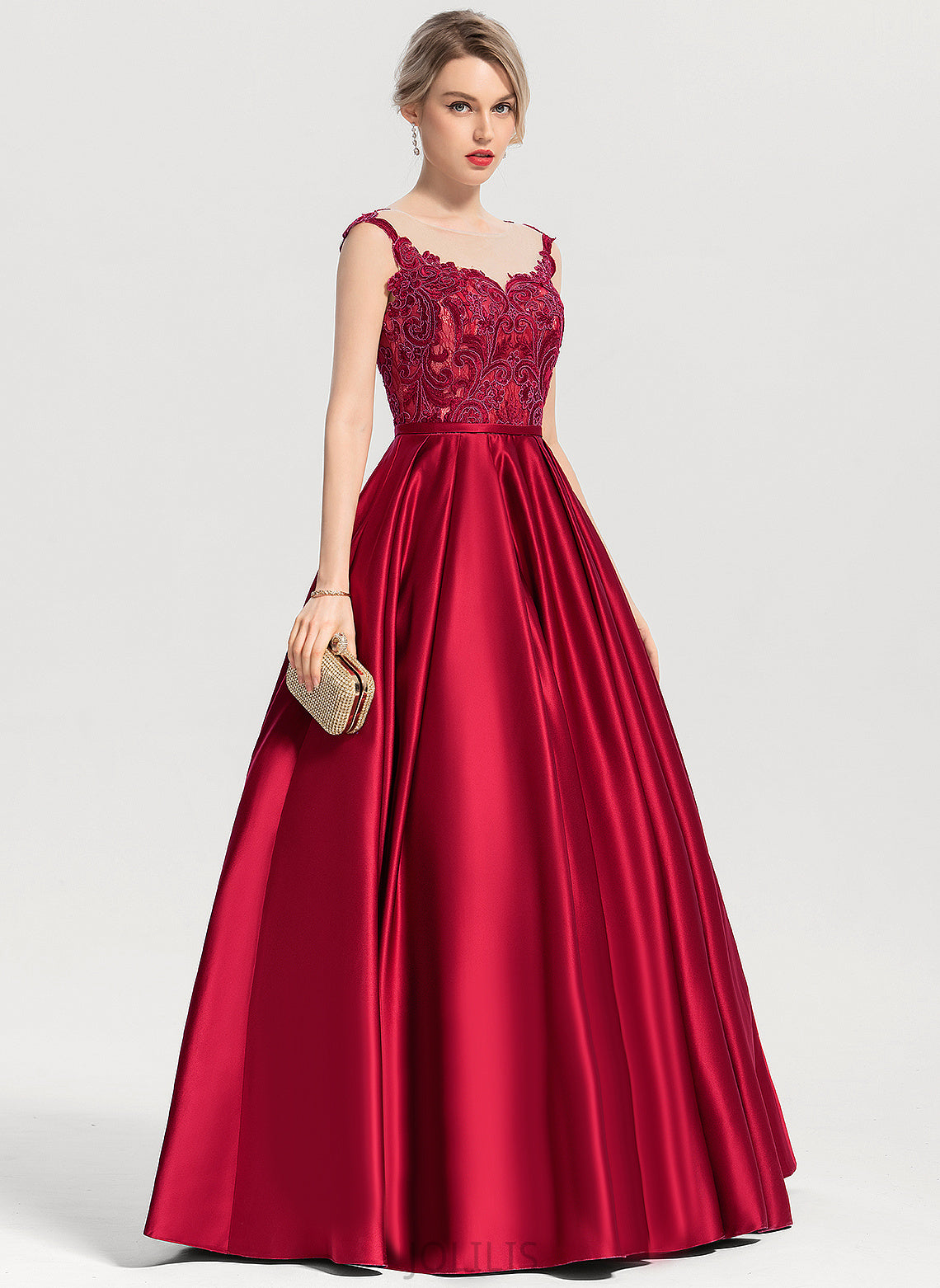 Sequins Ball-Gown/Princess Floor-Length Scoop Prom Dresses Anika Satin With Lace