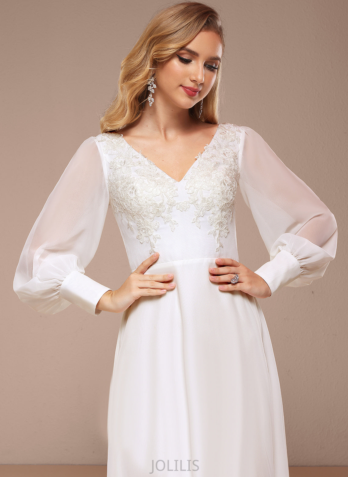 A-Line Floor-Length Wedding Dresses With Chiffon Dress Sequins Lace V-neck Wedding Helena