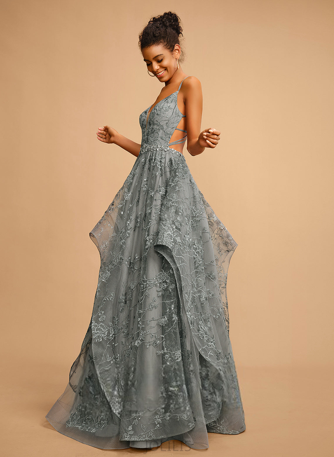 Floor-Length Lace Ball-Gown/Princess Prom Dresses V-neck Catalina Tulle